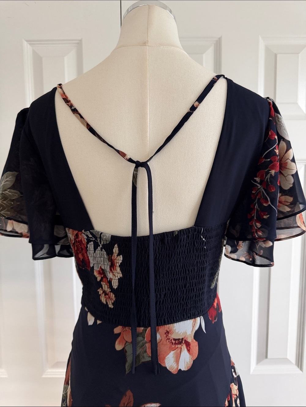 Lulus Midnight Mood Navy Blue Floral Tiered Maxi Dress Rust Cream Blooms Size S - Picture 10 of 16